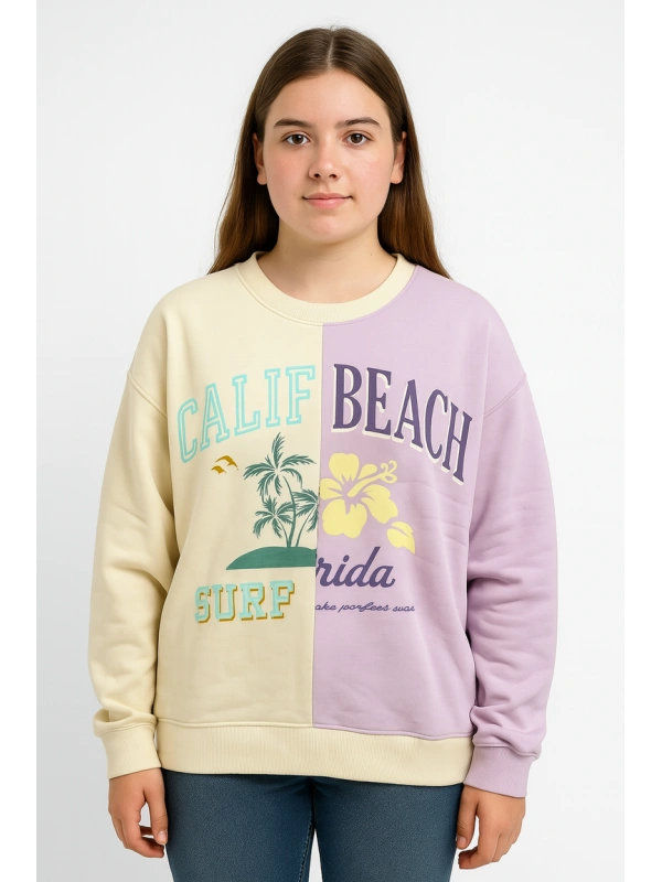 Girls' Sweatshirt with Graphic Print and Colorblock Design