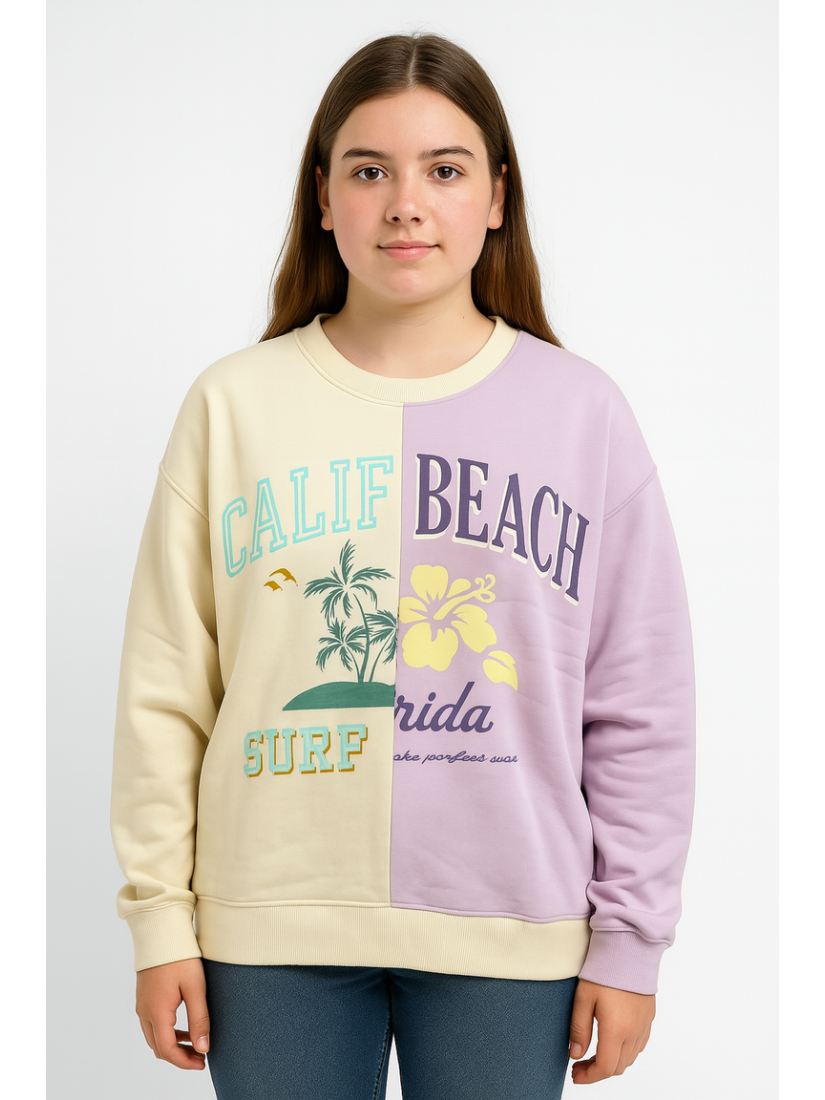 Girls' Sweatshirt with Graphic Print and Colorblock Design