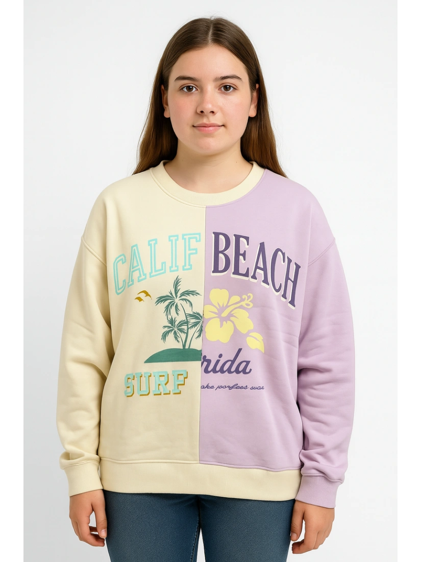 Girls' Sweatshirt with Graphic Print and Colorblock Design