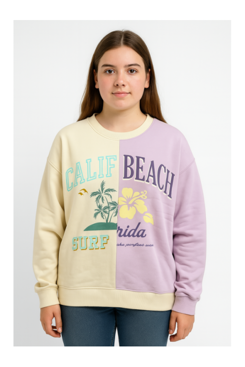 Girls' Sweatshirt with Graphic Print and Colorblock Design