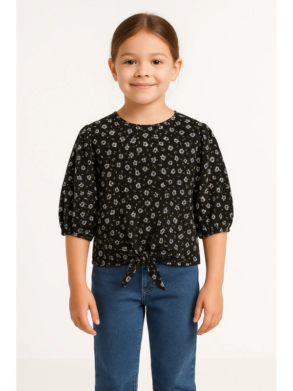Girl's Floral Print Blouse with Front Tie
