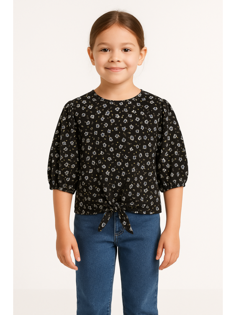 Girl's Floral Print Blouse with Front Tie