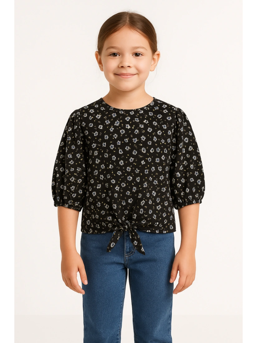 Girl's Floral Print Blouse with Front Tie