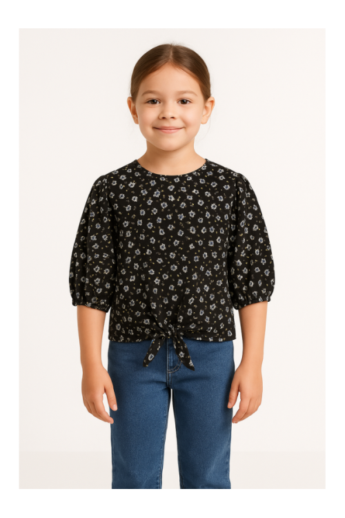 Girl's Floral Print Blouse with Front Tie