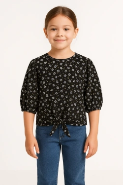 Girl's Floral Print Blouse with Front Tie