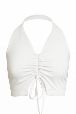 Ruched Halter Crop Top with Adjustable Front Tie