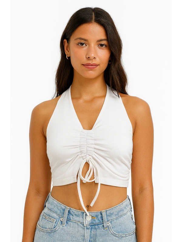 Ruched Halter sutrumpintas viršusas with Adjustable Front Tie