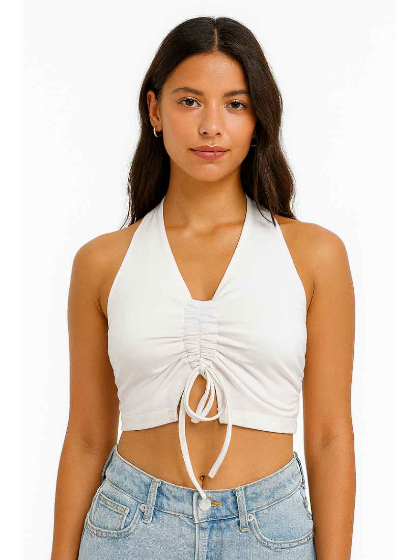 Ruched Halter Crop Top with Adjustable Front Tie