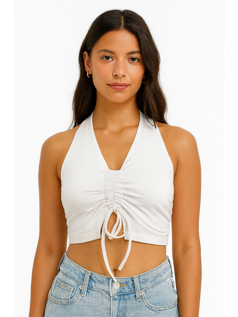 Ruched Halter Crop Top with Adjustable Front Tie