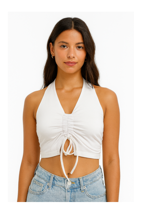 Ruched Halter Crop Top with Adjustable Front Tie