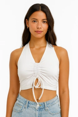 Ruched Halter Crop Top with Adjustable Front Tie
