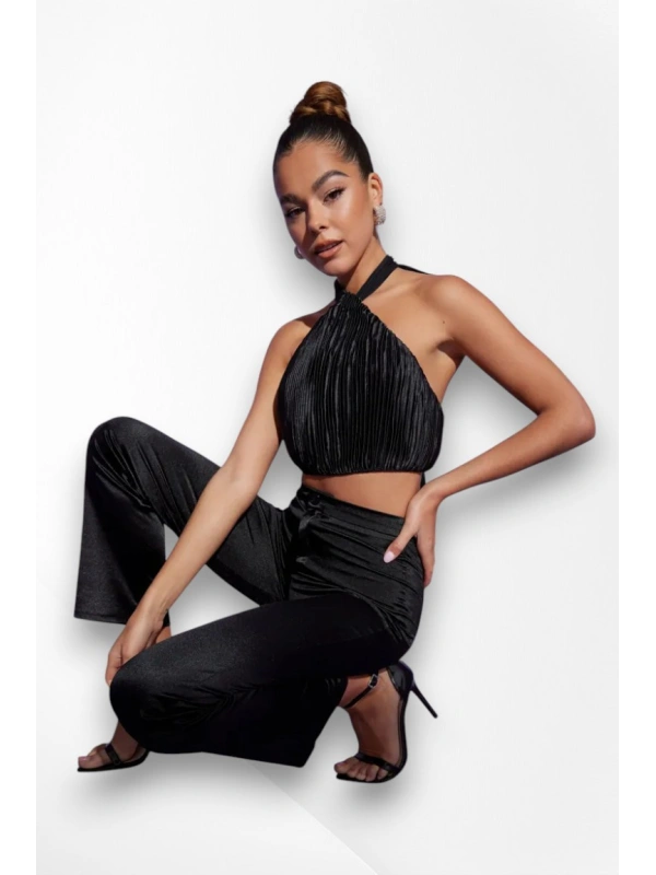 SATIN PLISSE HALTER NECK CROP