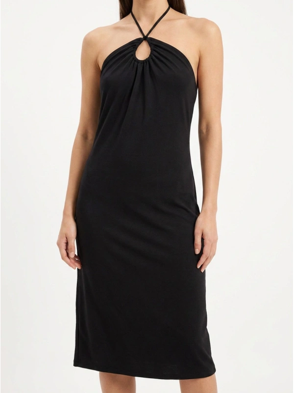 Thin Tie Halterneck Midi Jersey  Dress