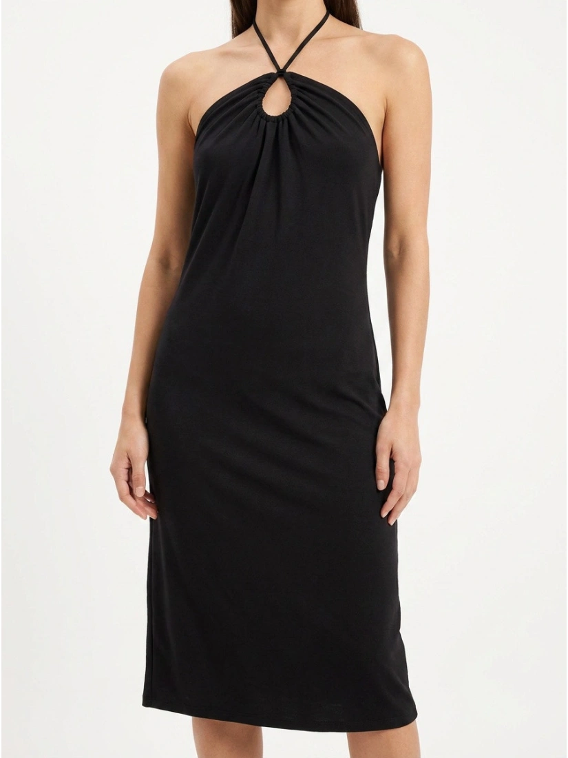 Thin Tie Halterneck Midi Jersey  Dress