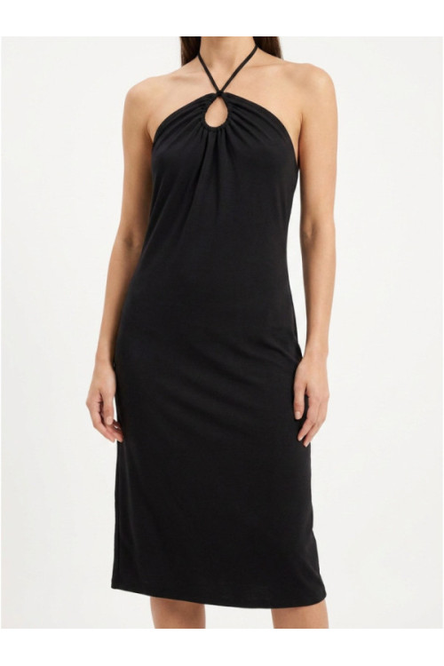 Thin Tie Halterneck Midi Jersey  Dress